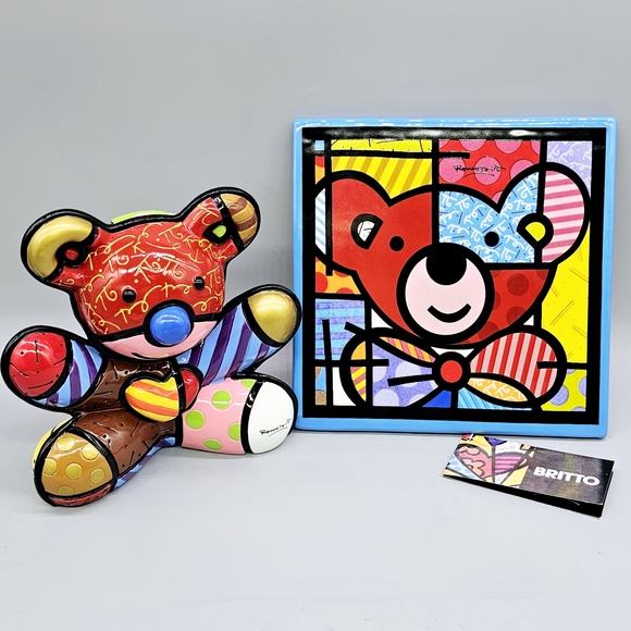 Romero Britto Love Bear Figurine & Wall Art Plaque Trivet Numbered